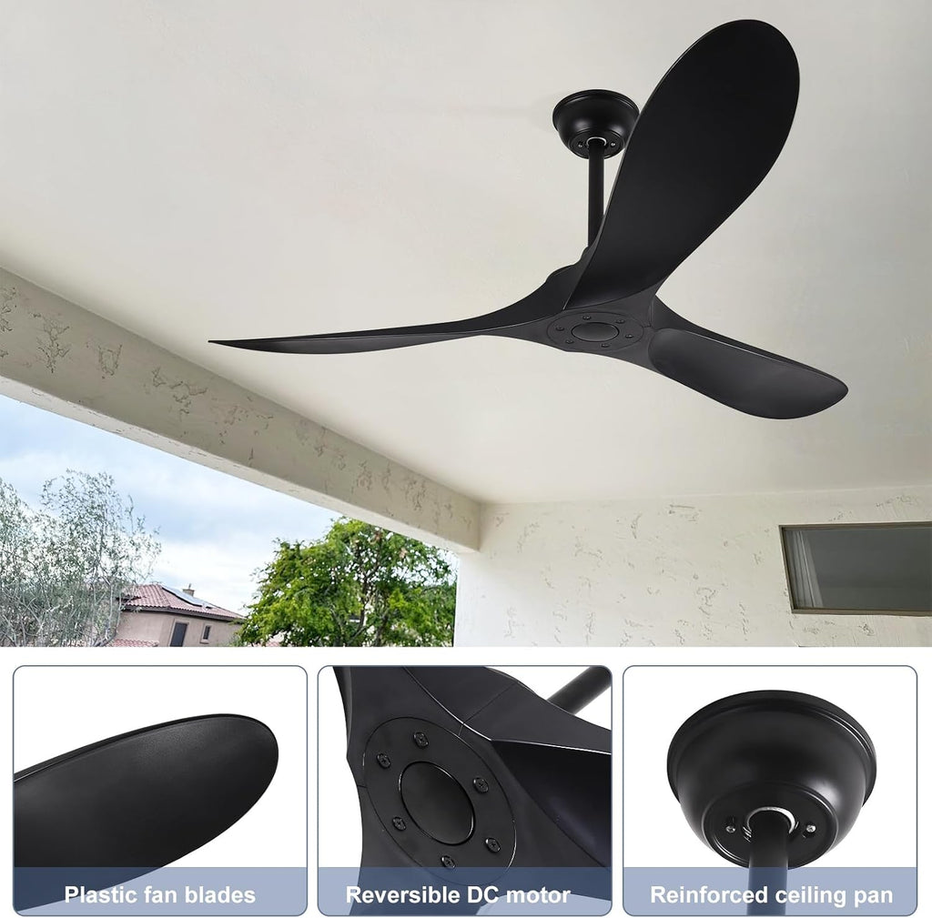 52'' Ceiling Fan No Light with Remote Control,Outdoor Ceiling Fan with DC Reversible and Silent Motor,3 Plastic Blades,Black Fan for Patios,Living Room,Bedroom