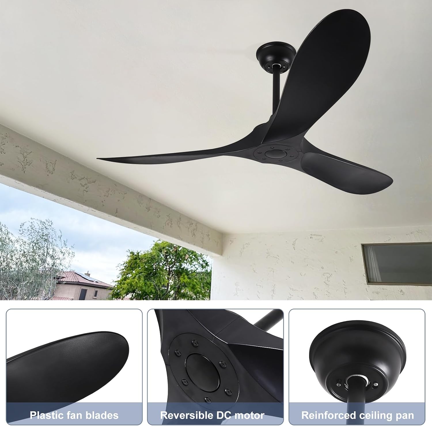 60'' Ceiling Fan No Light with Remote Control,Outdoor Ceiling Fan with DC Reversible and Silent Motor,3 Plastic Blades,Black Fan for Patios,Living Room,Bedroom