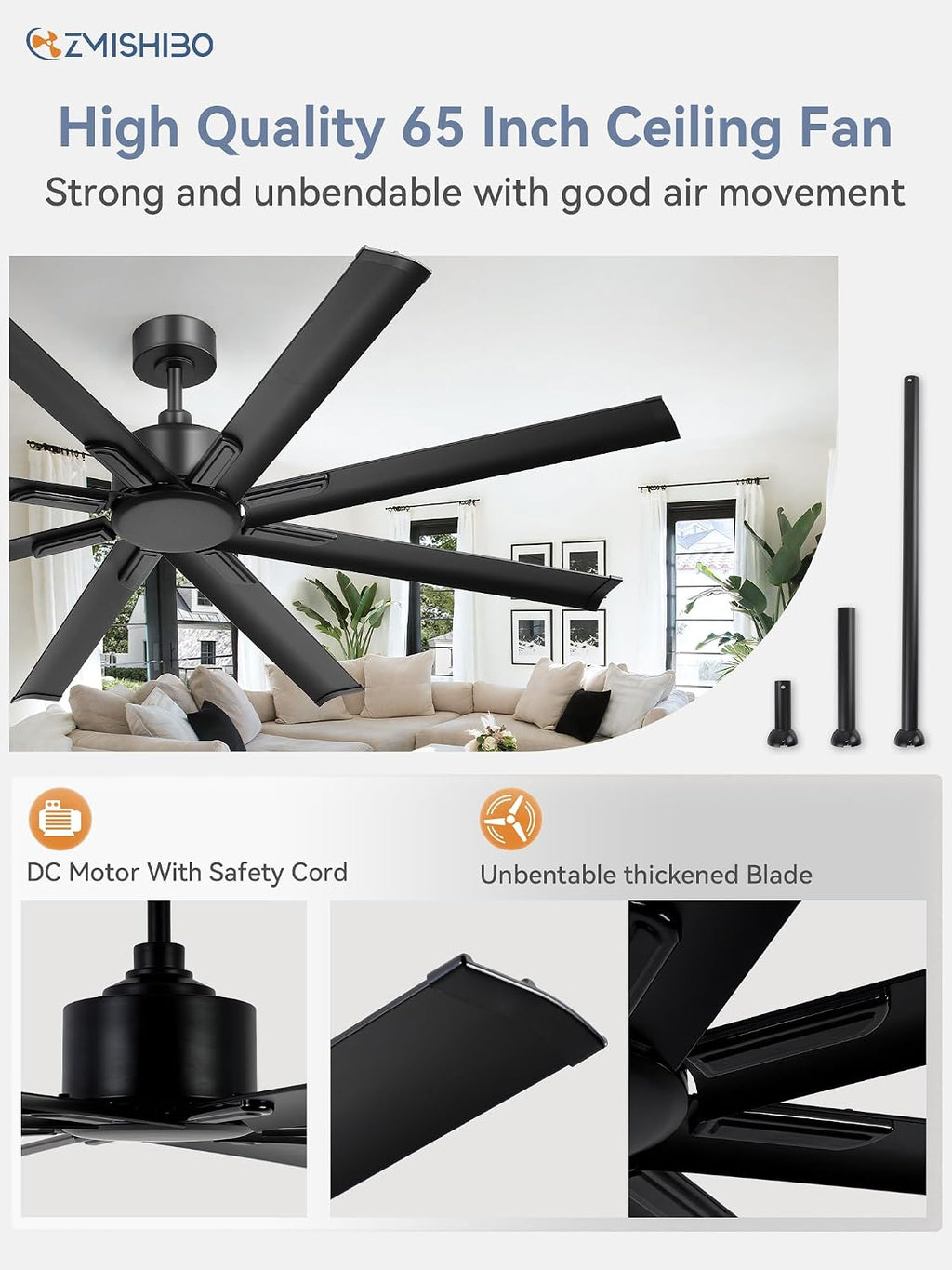 ZMISHIBO 65 Inch Industrial DC Motor Ceiling Fan, Large Ceiling Fan with 8 Aluminum Blades, 3 Downrods, 6-Speed Remote Control, Home or Commercial Ceiling Fans for Porch/Garage/Shop, Black