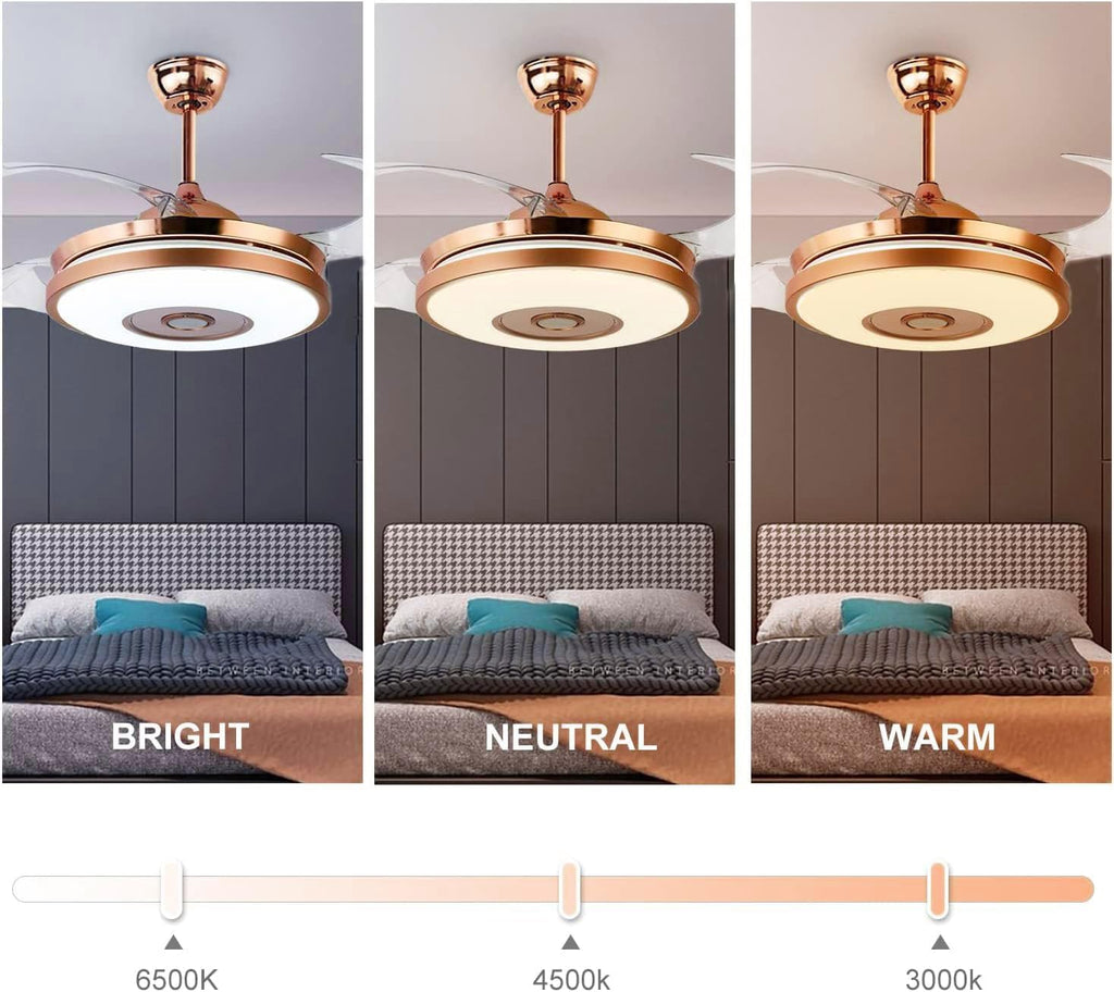 42' Modern Smart Bluetooth Ceiling Fans with Lights and Remote Control, Rose Gold Retractable Chandelier Fan Lighting with Speaker Play Music 7 Colorful Dimmable Fixture for Living Room