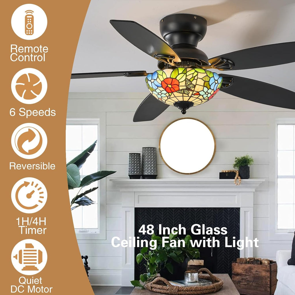 Tiffany Ceiling Fans with Lights - 48' Ceiling Fan Chandelier with 5 Dual-Blades and Glass Shade, 6 Speeds and Reversible, Indoor and Outdoor, Retro Style