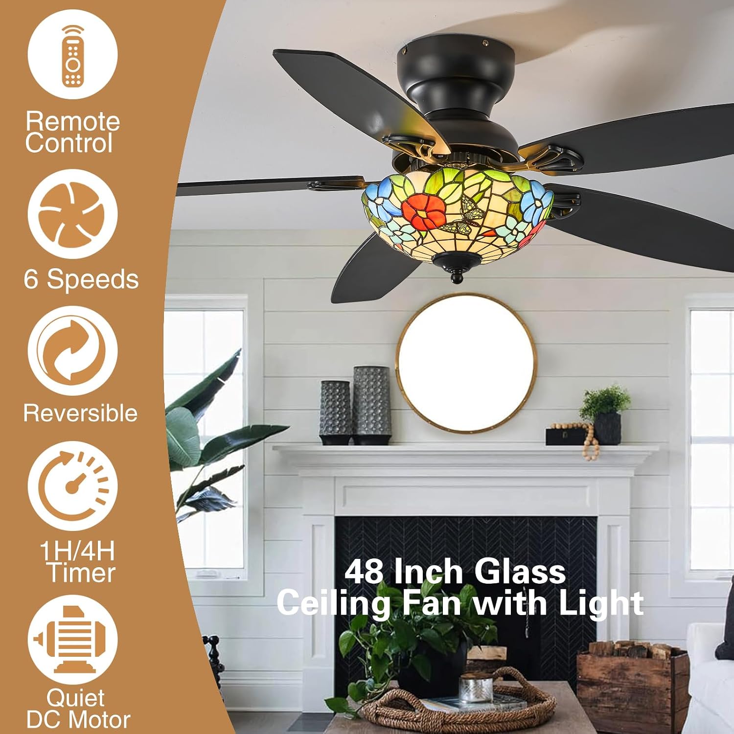 Tiffany Ceiling Fans with Lights - 48' Ceiling Fan Chandelier with 5 Dual-Blades and Glass Shade, 6 Speeds and Reversible, Indoor and Outdoor, Retro Style
