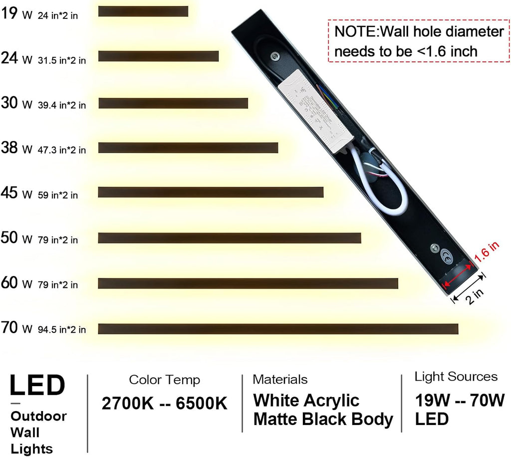 71inch Modern Outdoor Wall Light Dimmable Black Long Wall Sconce IP65 Waterproof Outdoor Exterior Lights for House