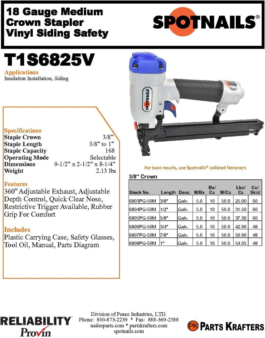 Spotnails TS6825V Vinyl Siding Stapler w/Case Staple Gun w Alignment Tips