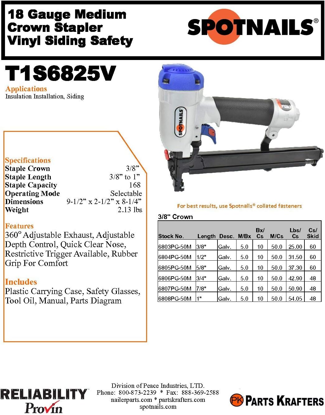 Spotnails TS6825V Vinyl Siding Stapler w/Case Staple Gun w Alignment Tips