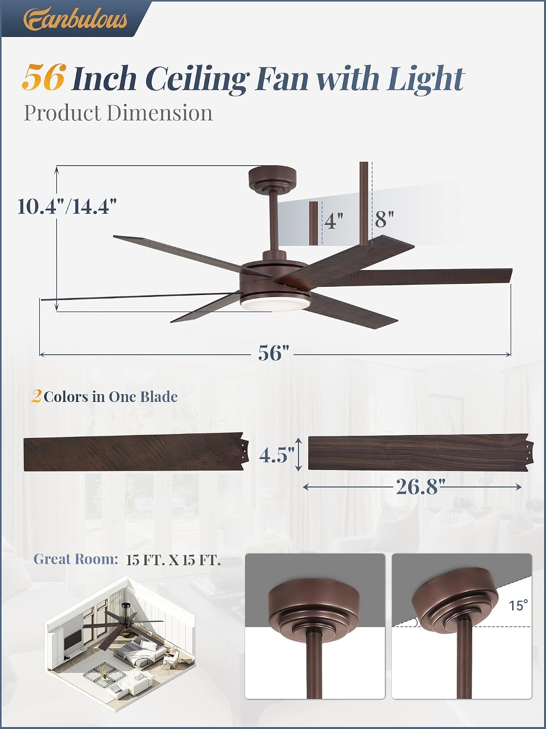 Fanbulous 56 Inch Ceiling Fans with Lights and Remote, Reversible 6 Blades, Dimmable, 3000K-6000K Adjustable, Outdoor Ceiling Fans for Patios, Large Ceiling Fan for Indoor or Covered Outdoor-Brown
