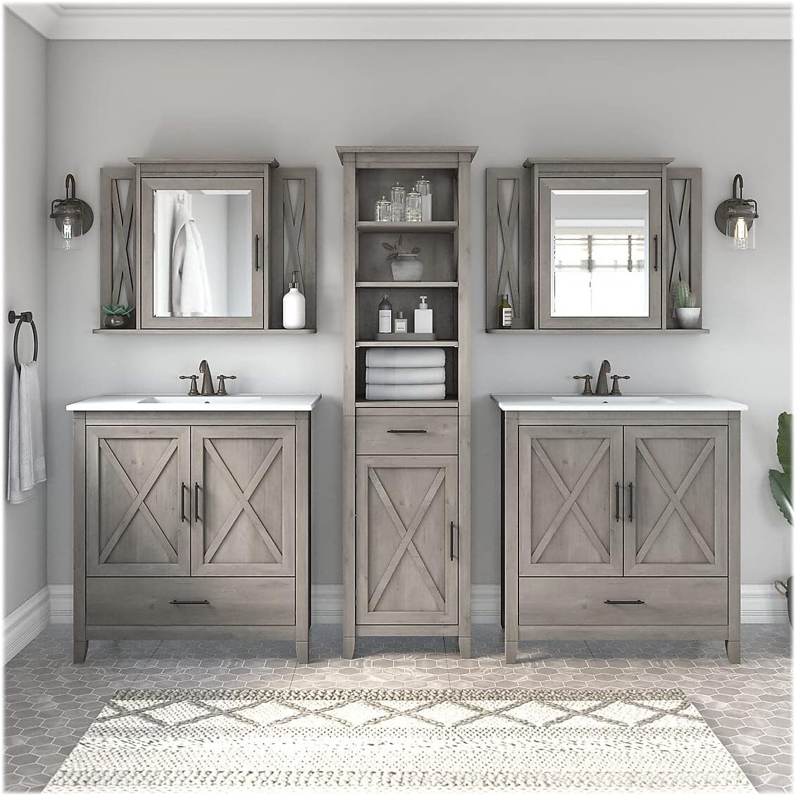 Double Vanity Set with Sinks, Medicine Cabinets, Linen Tower by Bush Home