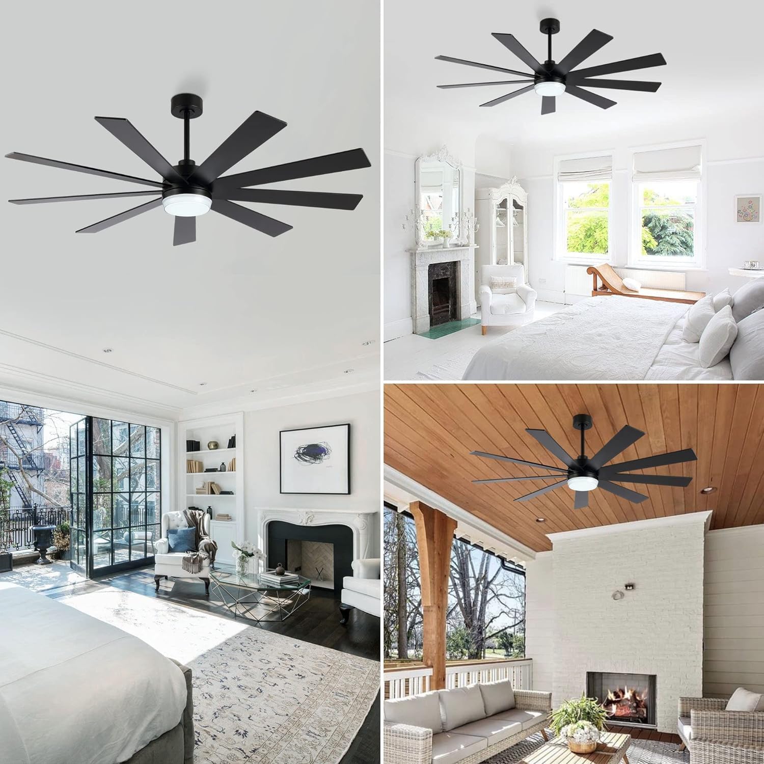 LEDLUX 72' Ceiling Fan with Light Black, 6-Speed Remote Control, Reversible DC Motor, Modern 9 Blades with 4.5'/12'/24' Downrods for Home or Commercial, Living Room/Restaurant