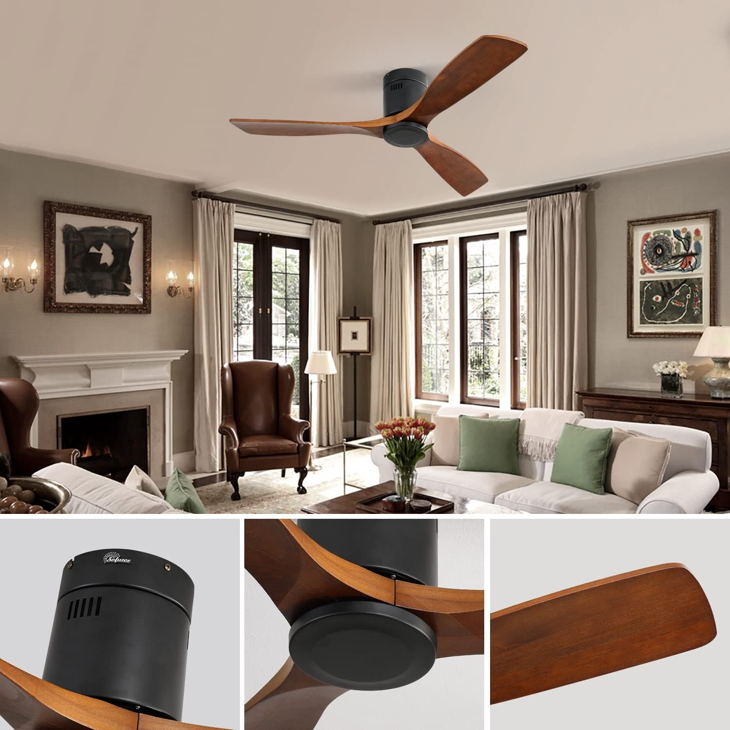 52 Inch Ceiling Fan, Ceiling Fan Without Light, Solid Wood Blades, 3 Fan, Remote Control, Reversible DC Motor, 6 Speeds, Wooden Flush Mount Fan For Bedroom, Covered Patio