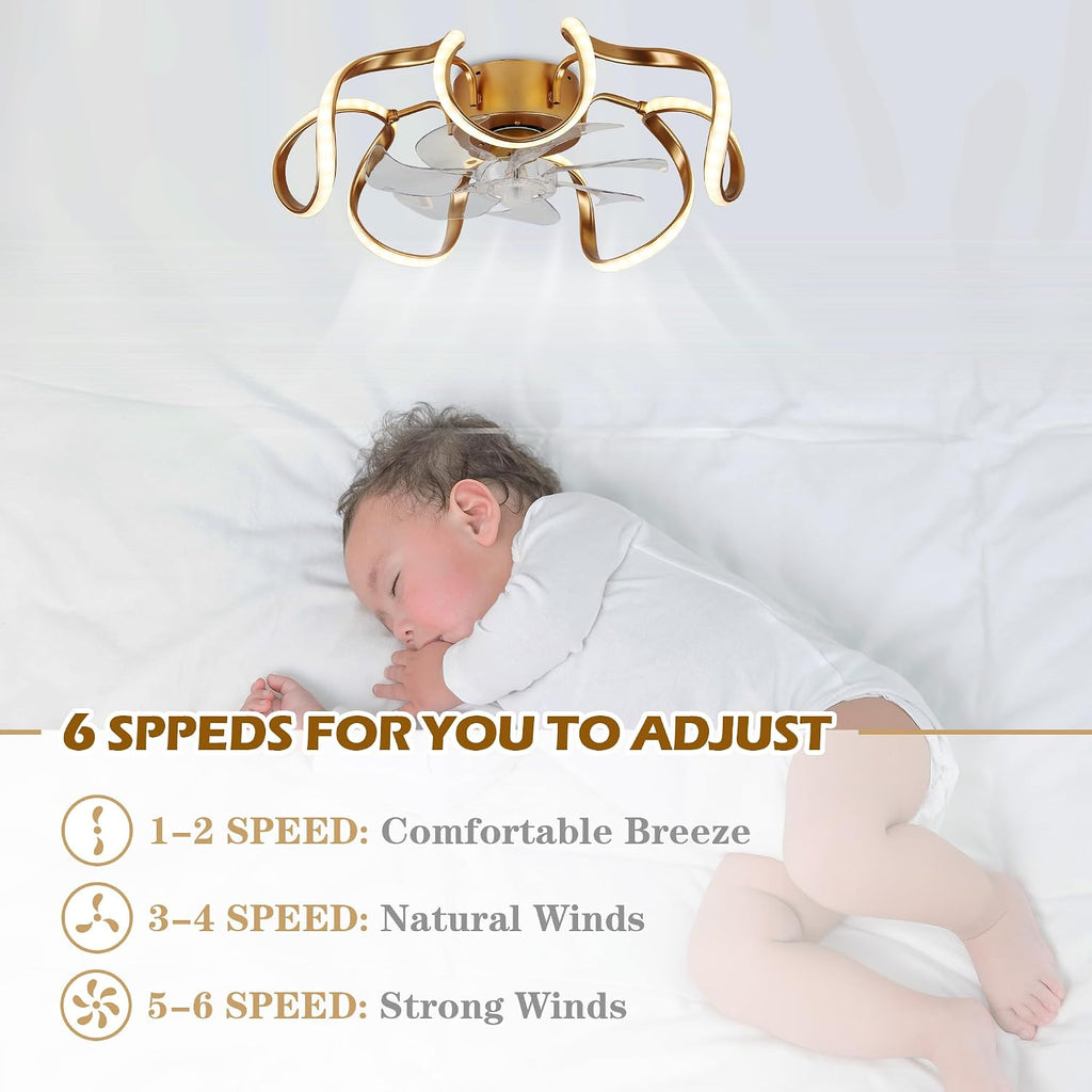 Bella Depot Modern Gold Ceiling Fan, Low Profile Chandelier Fan with Light, Flush Mount LED Ceiling Fan with Dimmable 3 Color LED Lights, Reversible, Timing, APP Control for Bedroom Kitchen