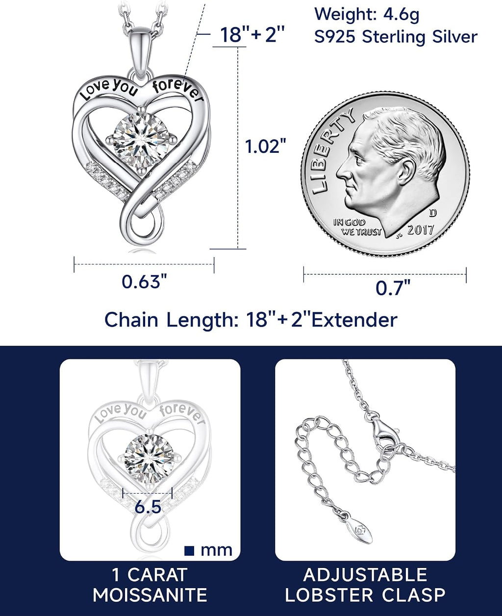 MomentWish Heart Necklace for Women, Jewelry Gifts for Her, D Color VVS1 Moissanite Necklace in 925 Sterling Silver, Infinity Pendent for Birthday Anniversary Mother's Day