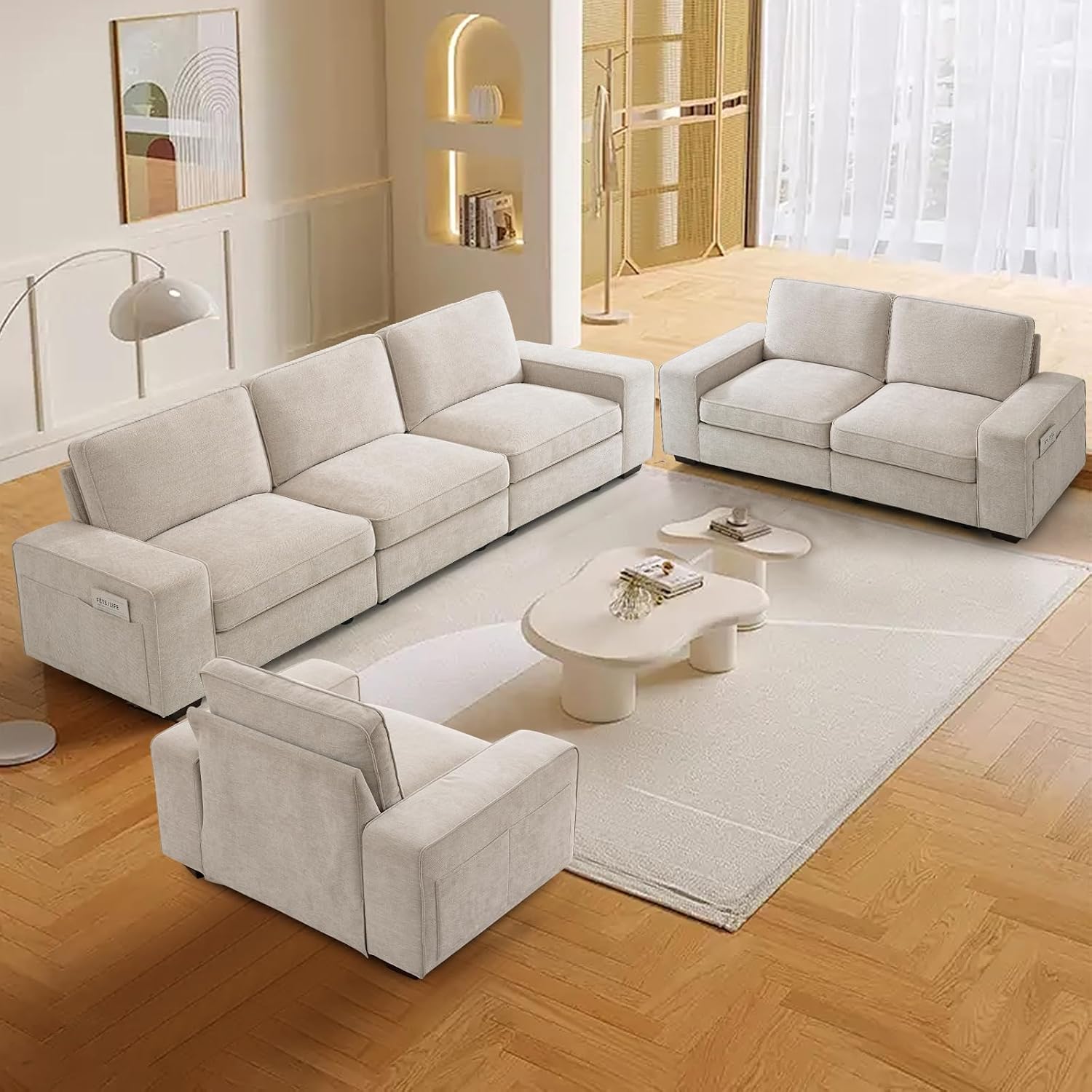 TEKAMON 100' Modular Sectional Sofa with Seats Storage, L Shaped Couch with Movable Ottoman for Living Room, Couch with Chaise, Solid Wood Frame, Spring Cushions, USB Port, Removable Covers, Beige