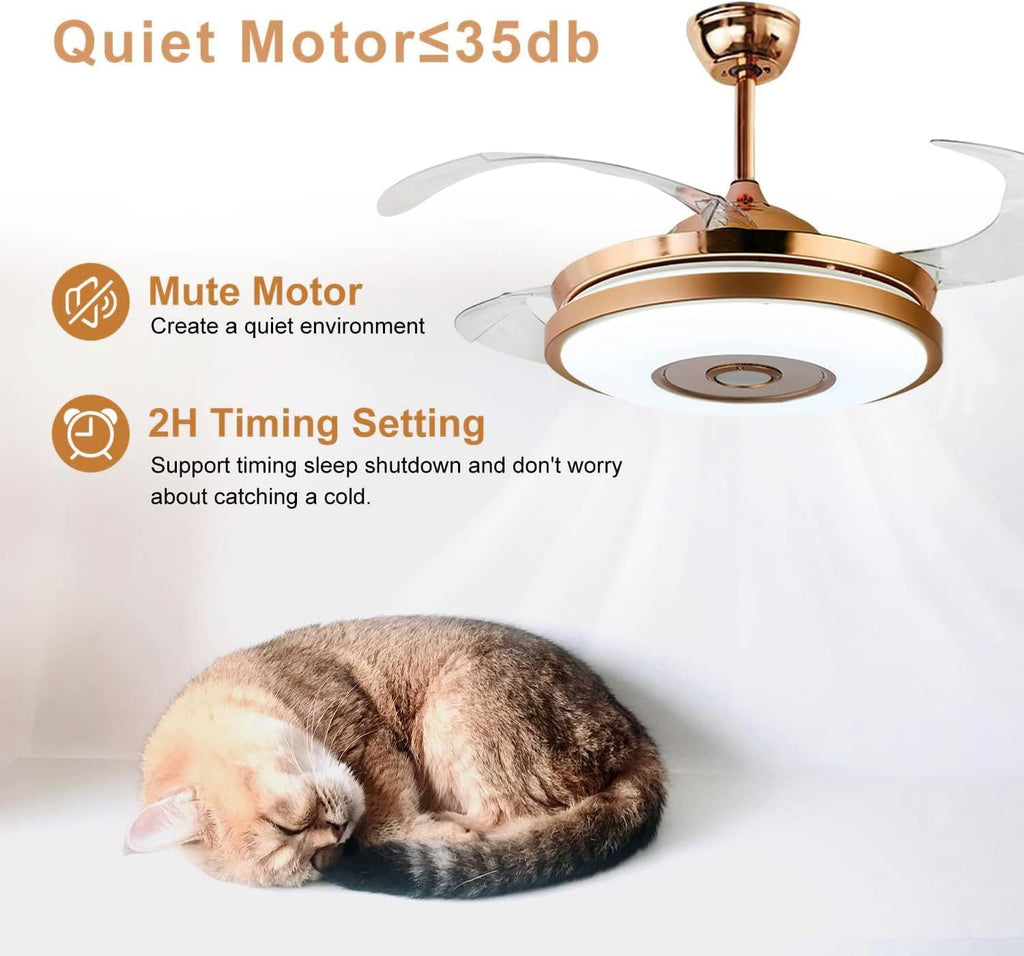 42' Modern Smart Bluetooth Ceiling Fans with Lights and Remote Control, Rose Gold Retractable Chandelier Fan Lighting with Speaker Play Music 7 Colorful Dimmable Fixture for Living Room