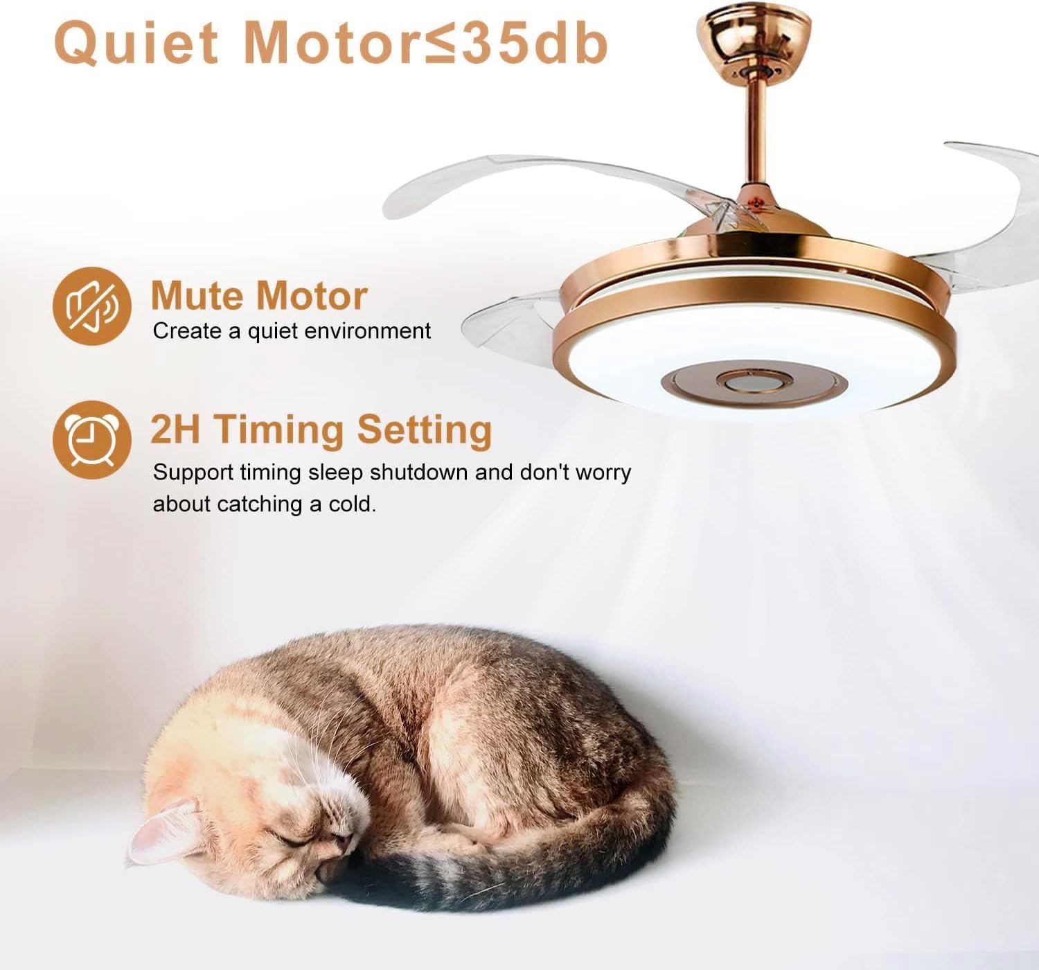 42' Modern Smart Bluetooth Ceiling Fans with Lights and Remote Control, Rose Gold Retractable Chandelier Fan Lighting with Speaker Play Music 7 Colorful Dimmable Fixture for Living Room