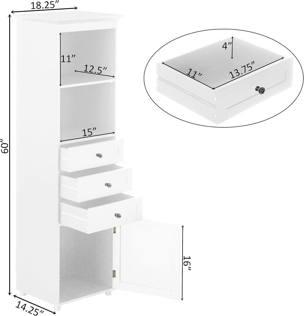 Basicwise Freestanding Storage Cabinet with Shelves Drawers & Door Linen Tower Organizer for Towels Toiletries and Essentials Floor Standing Cupboard for Bathroom or Laundry Room, White