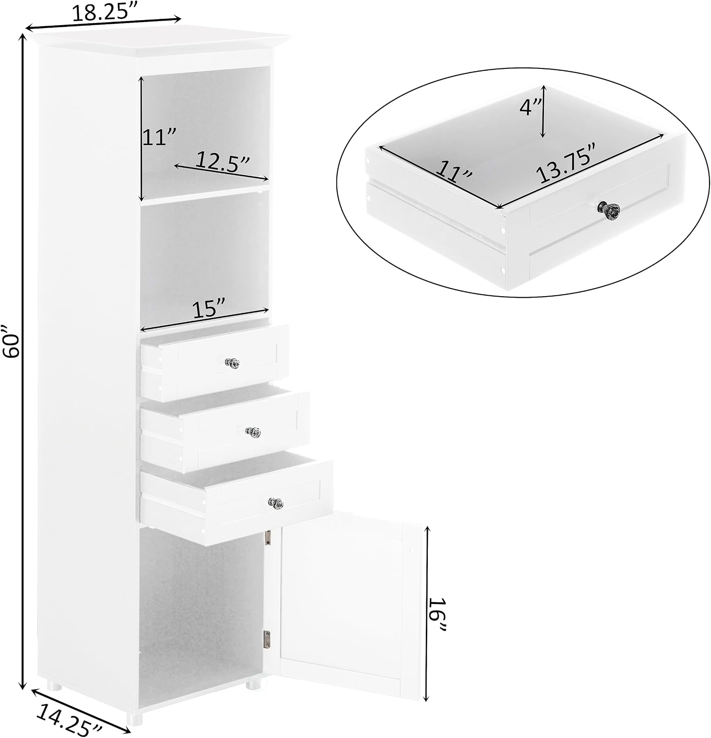 Basicwise Freestanding Storage Cabinet with Shelves Drawers & Door Linen Tower Organizer for Towels Toiletries and Essentials Floor Standing Cupboard for Bathroom or Laundry Room, White