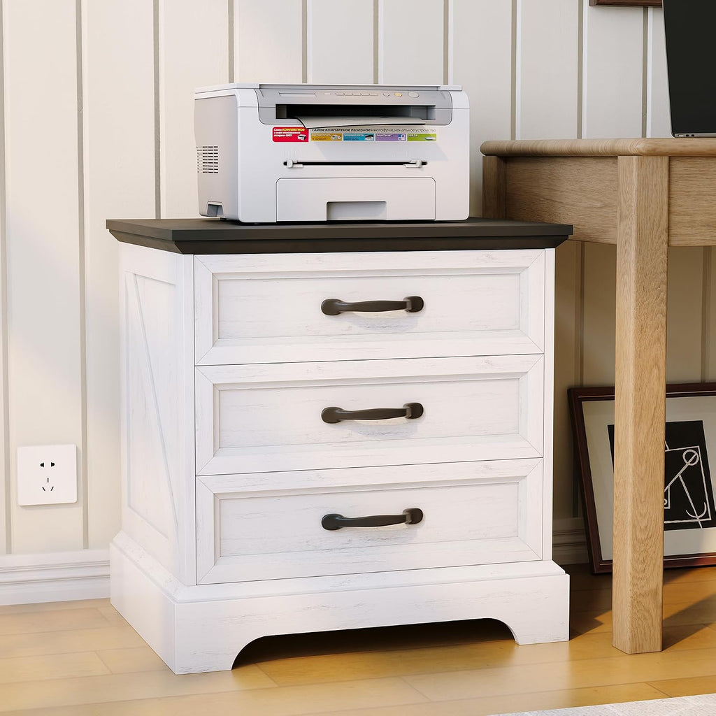 Modern Farmhouse Wood Nightstand with Charging Station & 3 Large Drawers, 24 Inch Wide Rustic Bedside Table & End Table with Storage Bedside Cabinet for Bedroom Living Room Small Space White