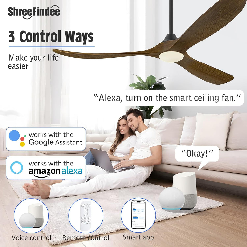60 Inch Outdoor Ceiling Fan with Light, Smart Ceiling Fans with Wifi Alexa/Remote/APP Control, 3 Walnut Wood Propeller Blade, Rustic Farmhouse, Quiet DC Motor, for Indoor Exterior Patios Porch Garage