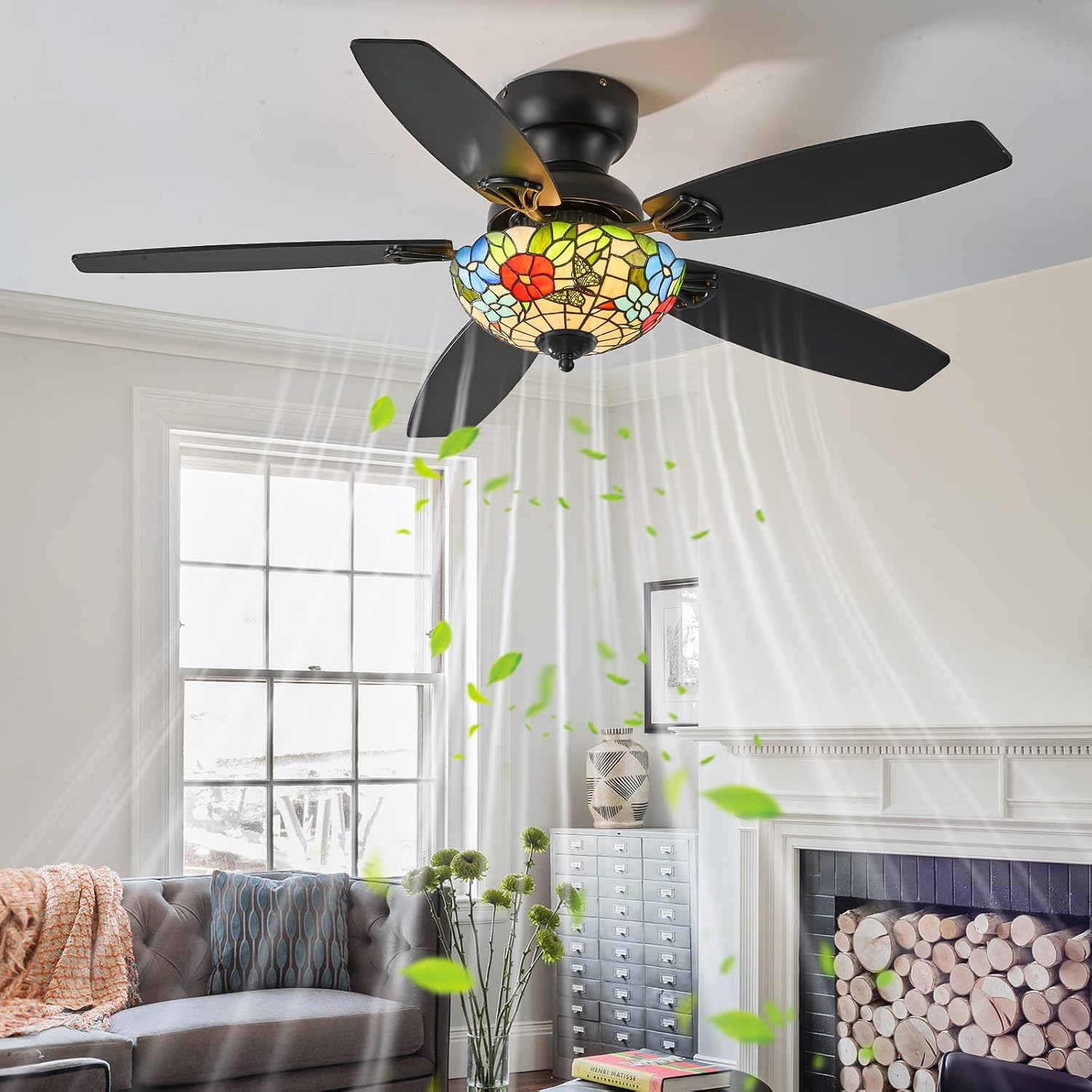 Tiffany Ceiling Fans with Lights - 48' Ceiling Fan Chandelier with 5 Dual-Blades and Glass Shade, 6 Speeds and Reversible, Indoor and Outdoor, Retro Style