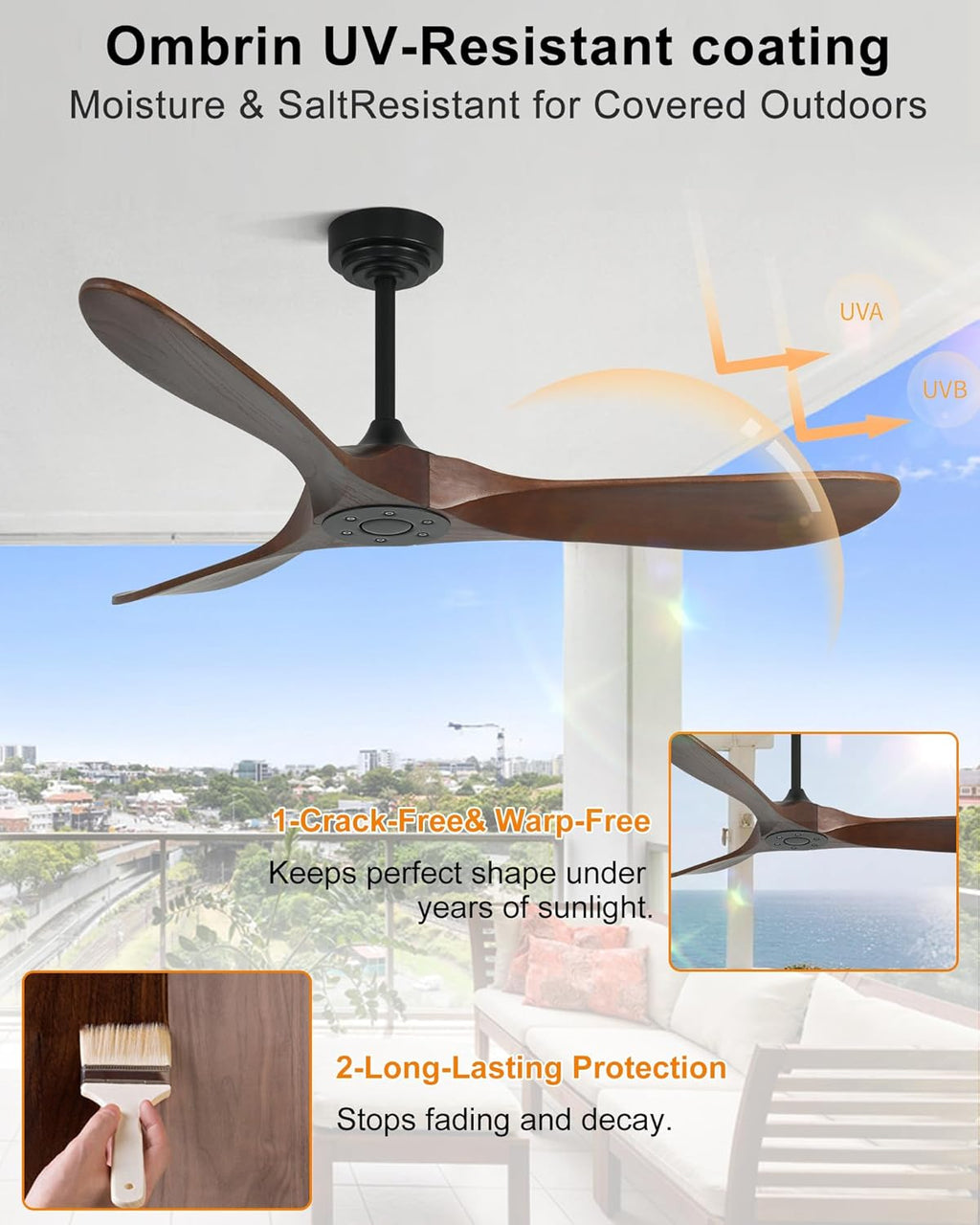 52 Inch Outdoor Ceiling Fan without Light, Smart Wood Ceiling Fan with Remote Control & Alexa/Google, 3 Blades High CFM for Patios Farmhouse Red Walnut