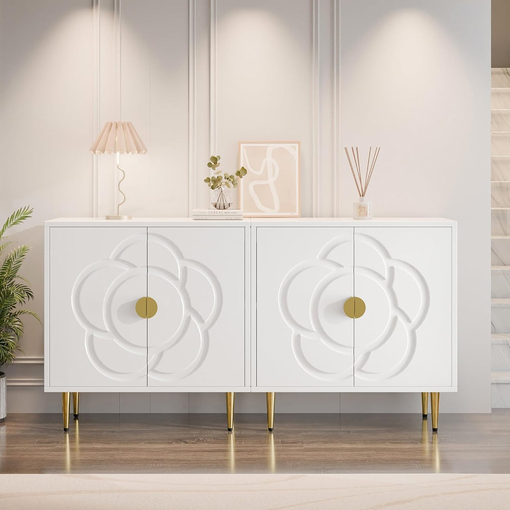TOLEAD Storage Cabinet, Modern Cabinet with Decorative Flower Pattern Doors, Accent Sideboard Buffet Cabinet for Hallway, Living Room, Kitchen, White
