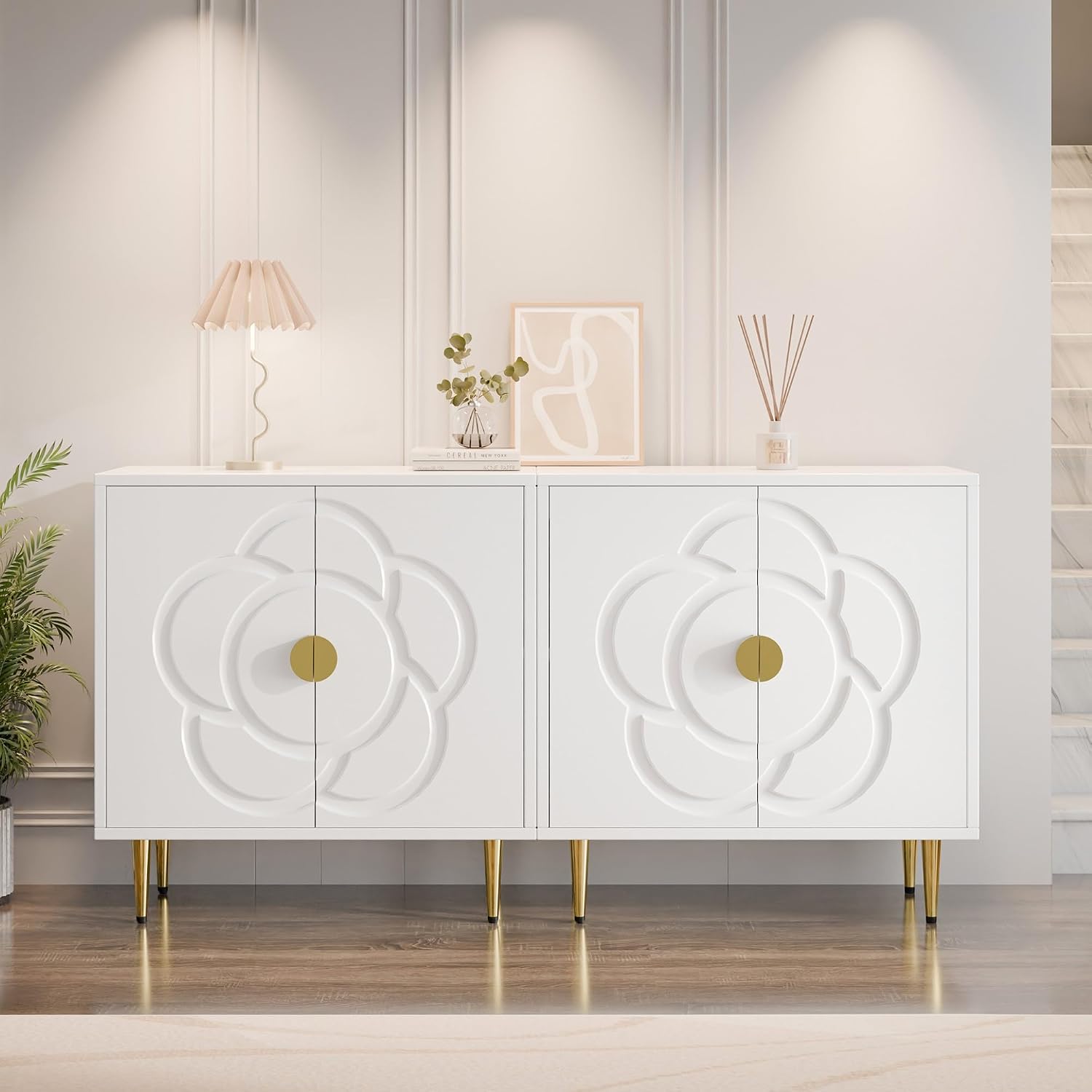 TOLEAD Storage Cabinet, Modern Cabinet with Decorative Flower Pattern Doors, Accent Sideboard Buffet Cabinet for Hallway, Living Room, Kitchen, White