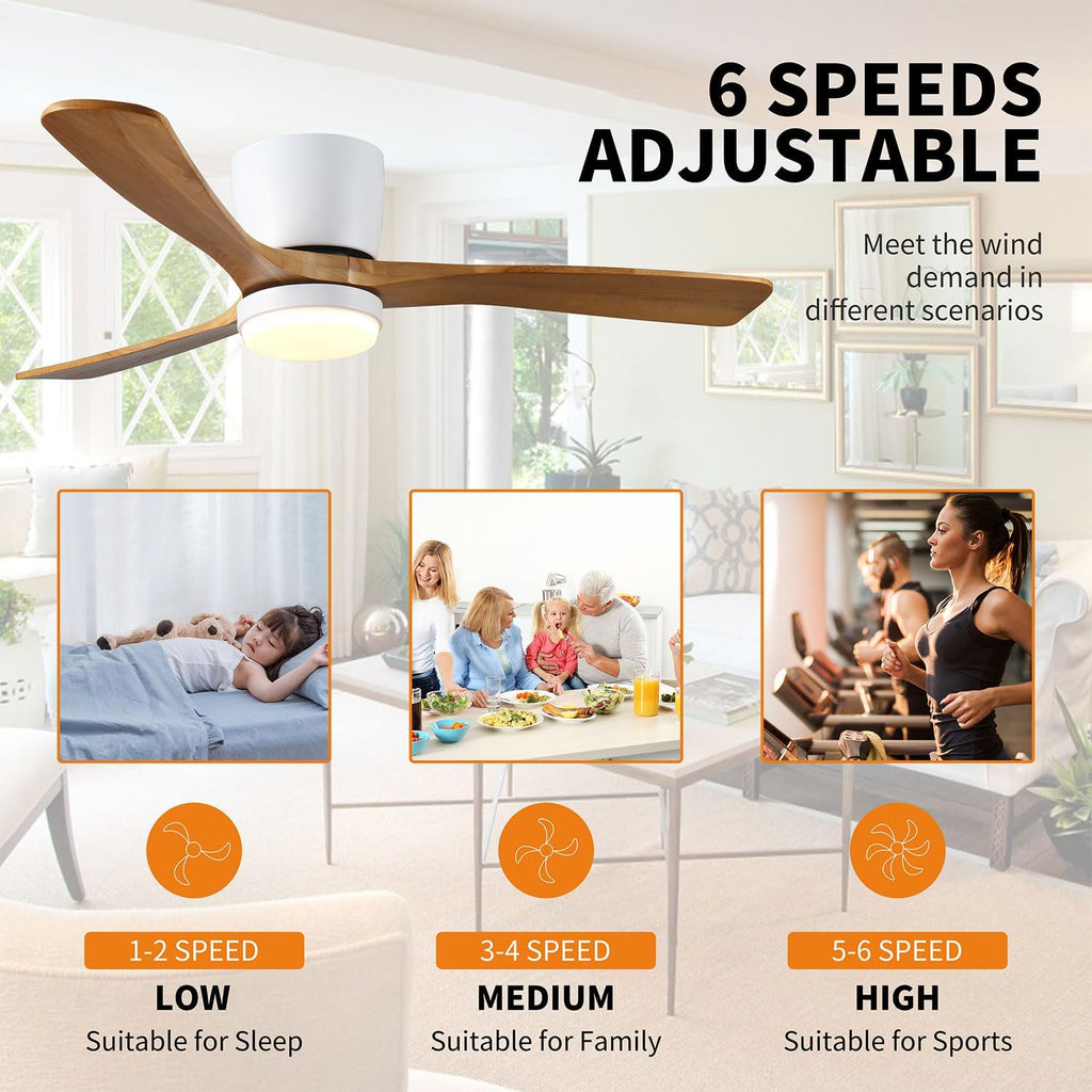 42' Ceiling Fan with Lights, Low Profile Wood Flush Mount Fan with Remote & APP Control, Quiet DC Motor, 6-Speed Reversible, 3CCT Dimmable LED for Bedroom Living Room, White Walnut