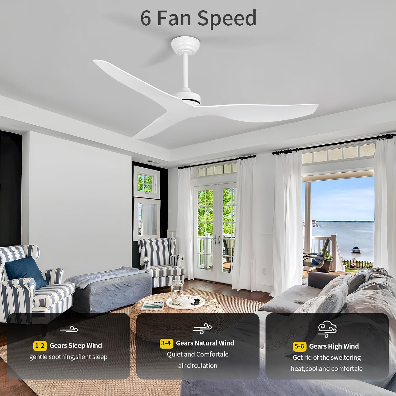 Ceiling Fans without Light,52 Inch Ceiling Fan with Remote Control,3 Reversible Blade,White Ceiling Fan for Bedroom, Living Room,Hallway