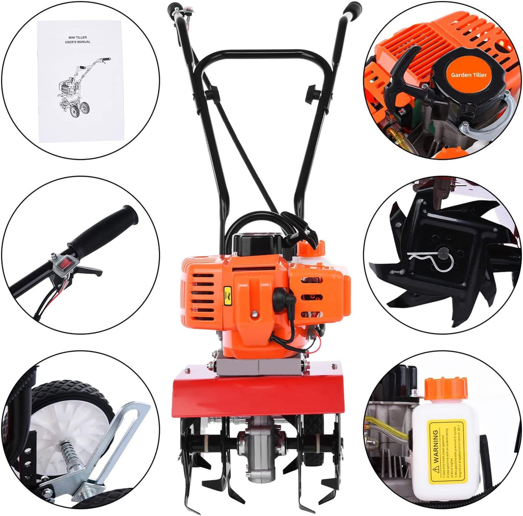 YOXIER Garden Tiller,Petrol Tiller 2 Stroke Air Motor 9000RPM,1.2L Fuel Tank 52cc Garden Mini Tiller for Garden and Lawn,Digging,Weeding and Soil Tillage (Orange) Orange