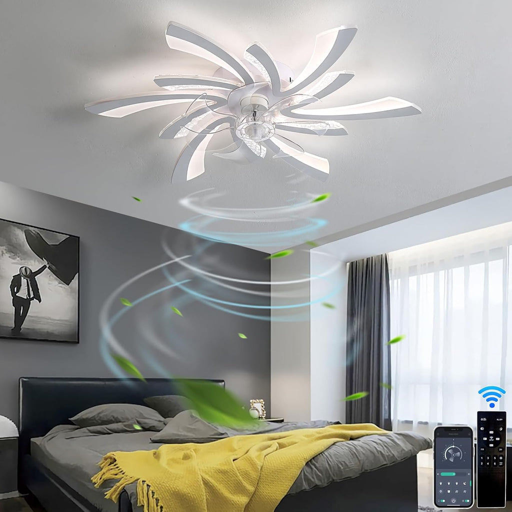 Modern Reversible Ceiling Fan with Dimmable LED Lights Smart Alexa & APP Control 6-Speed Remote Timer Stylish Black Flower Design for Living Room Bedroom (White)