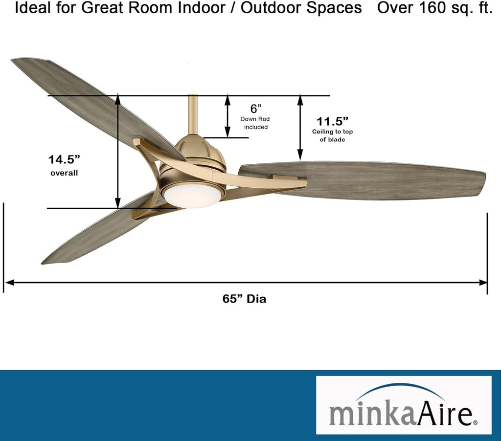 Minka-Aire F742L-SBR Molino Led 65' Outdoor Ceiling Fan with LED Lights & Remote, Soft Brass