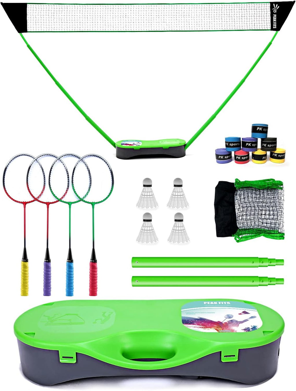 Portable Badminton Net Set,Folding Volleyball Badminton Net,4 Professional Graphite Badminton Racket,8 Racket Grip Tape,4 Shuttlecocks,Family Game,Backyard Sports