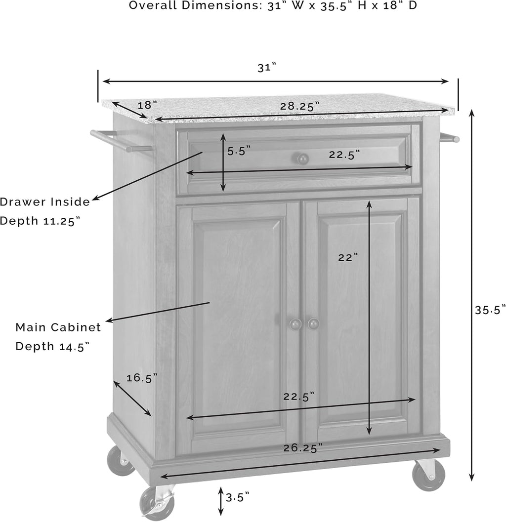 Crosley Furniture Compact Granite Top Small Rolling Cart with Shelves, Microwave Stand with Towel Rack, Mahogany