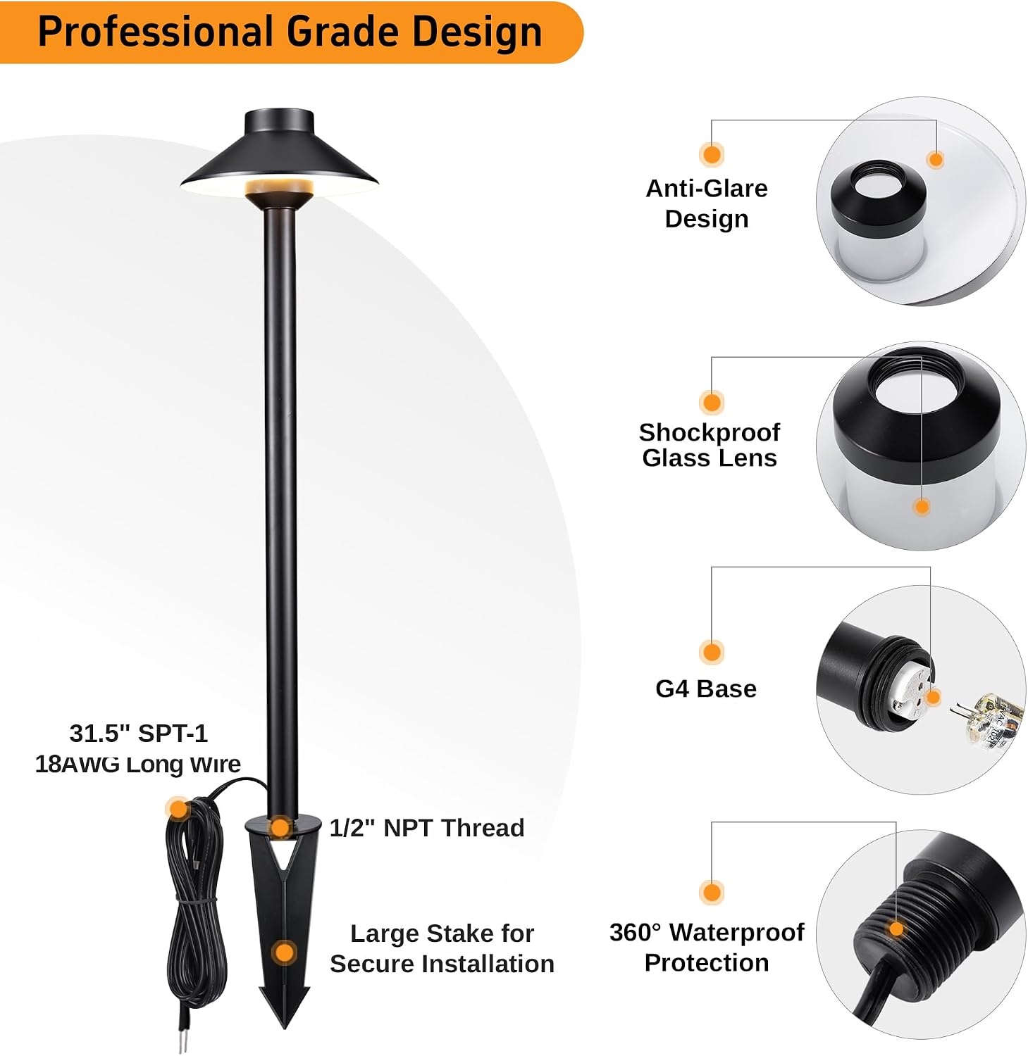 Gardenreet Brass Low Voltage Pathway Lights - 12V LED Landscape Path Lighting, Walkway Light Waterproof IP65, Hat Shaped Wired ‎Classic Black for Outdoor Entrance Garden G4 Bulb Not Included (6 Pack)