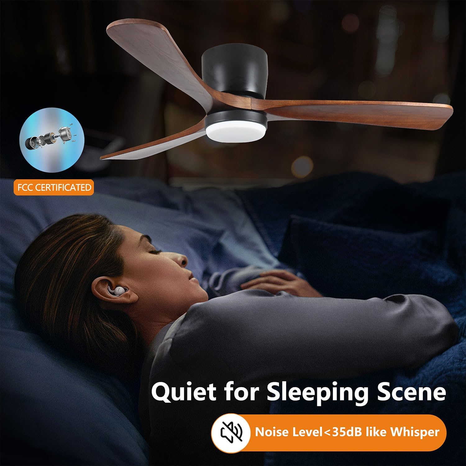 Ceiling Fan with Light 42 Inch, Flush Mount Low Profile Fan with Remote & App, Quiet DC Motor, 6 Speeds, Reversible Modern Fan for Bedroom Living Room Patio, Black dark Walnut