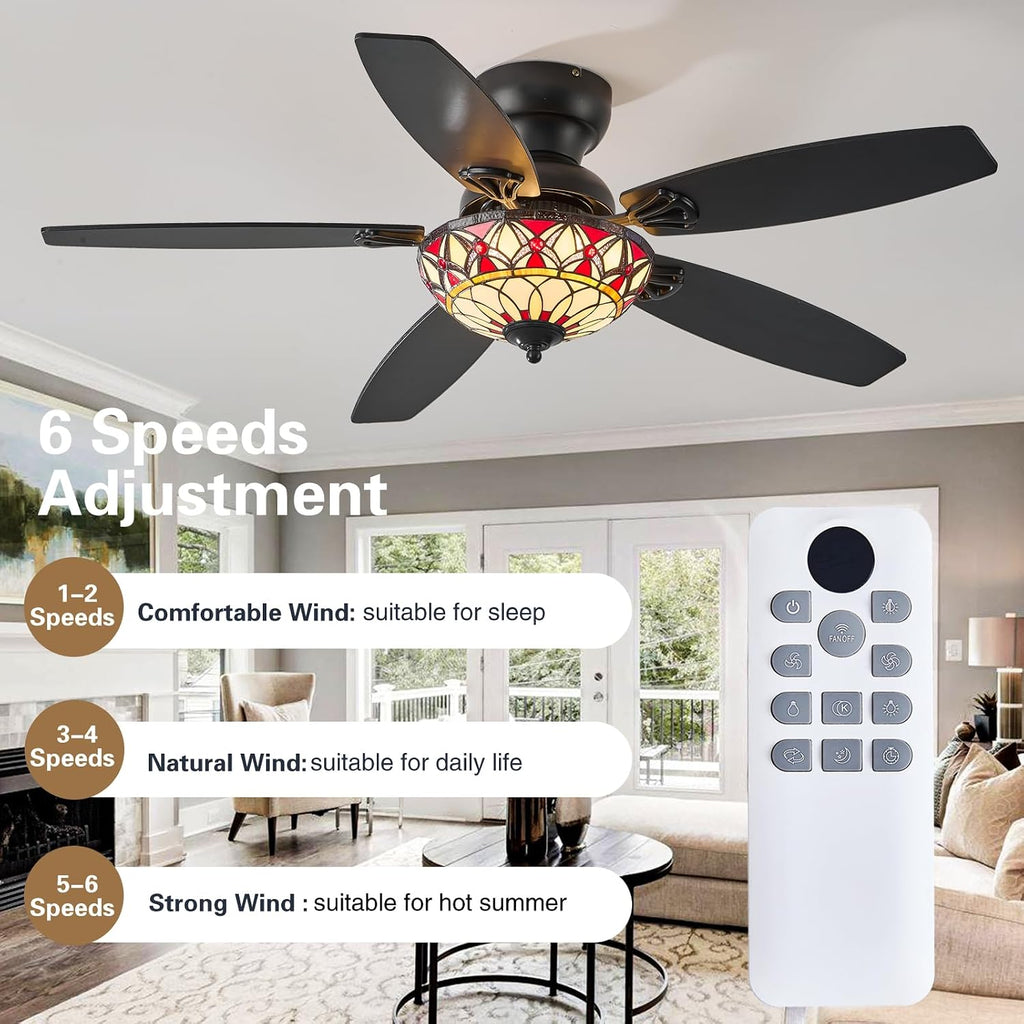 Tiffany Ceiling Fans with Lights - 48' Ceiling Fan Chandelier with 5 Dual-Blades and Glass Shade, 6 Speeds and Reversible, Indoor and Outdoor, Retro Style