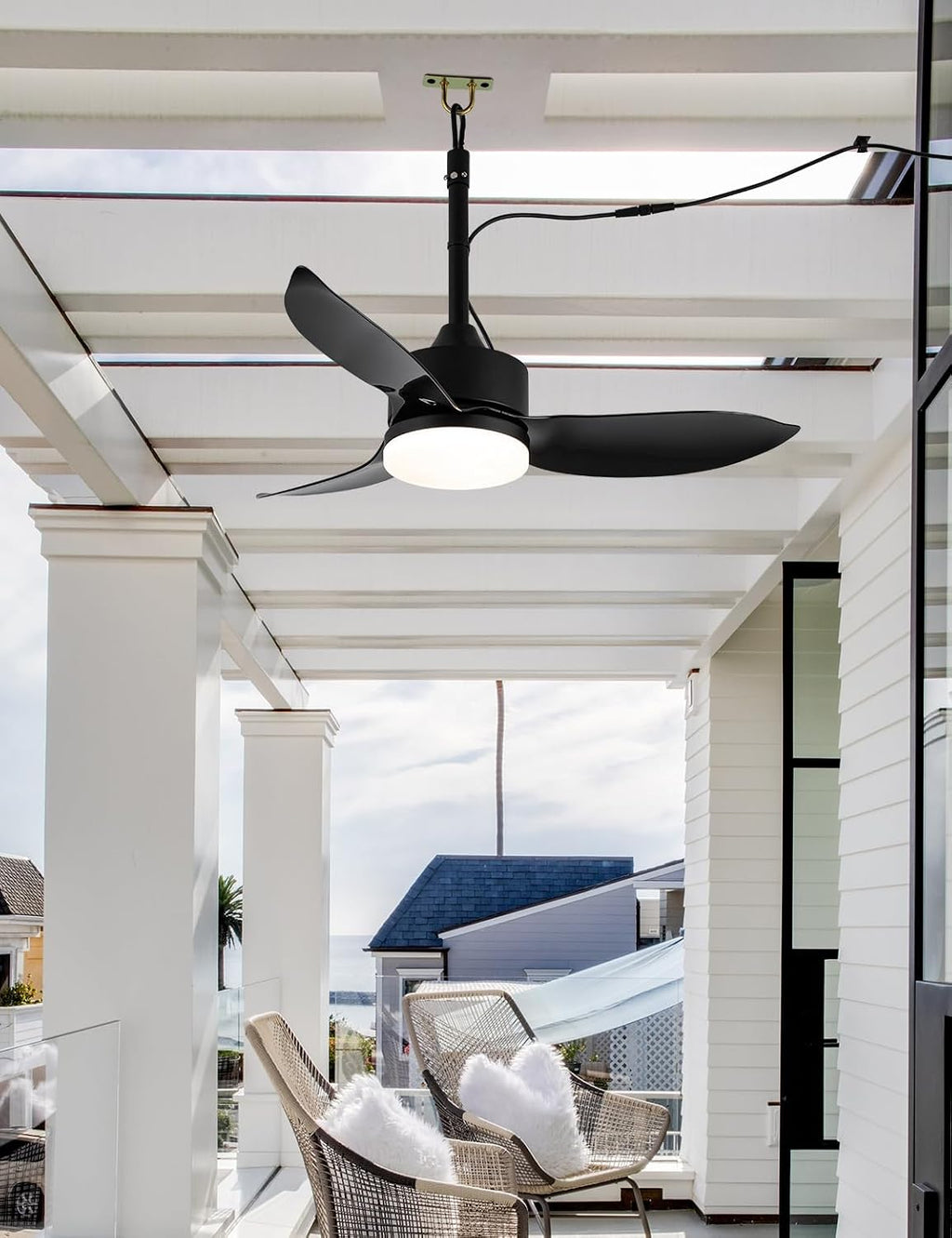EKIZNSN Outdoor Plug In Ceiling Fan with Light and Hook, 39' IP65 Waterproof Wet Rated Patio Ceiling Fans, Black