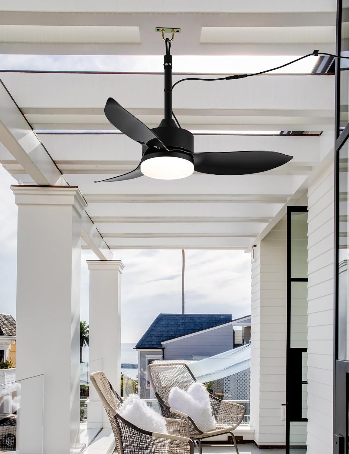 EKIZNSN Outdoor Plug In Ceiling Fan with Light and Hook, 39' IP65 Waterproof Wet Rated Patio Ceiling Fans, Black