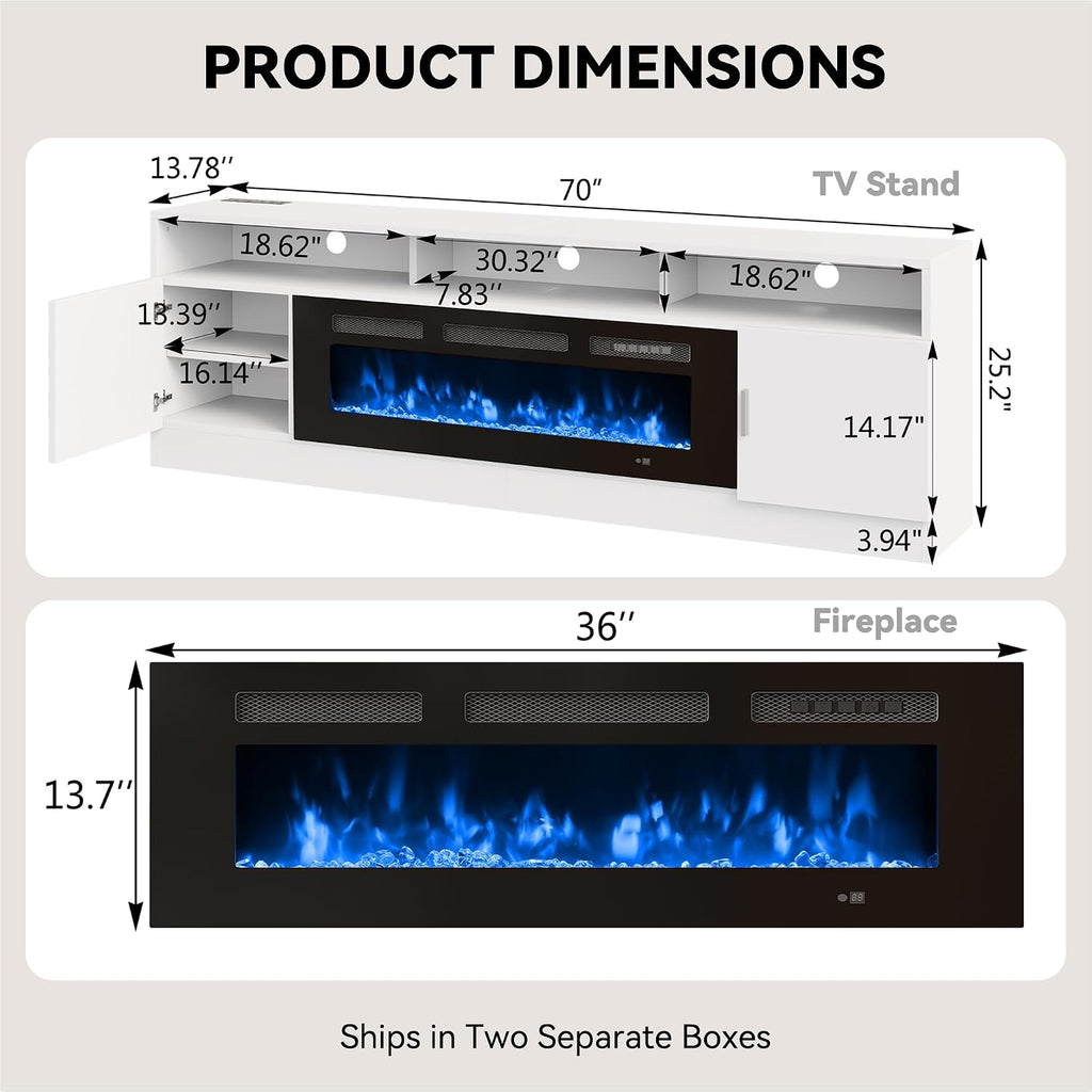 70' Fireplace TV Stand with Power Outlet, Electric Fireplace Entertainment Center with Storage Cabinets, Fits TVs up to 80', TV Console with LED Lights for Living Room, Office, White-Black