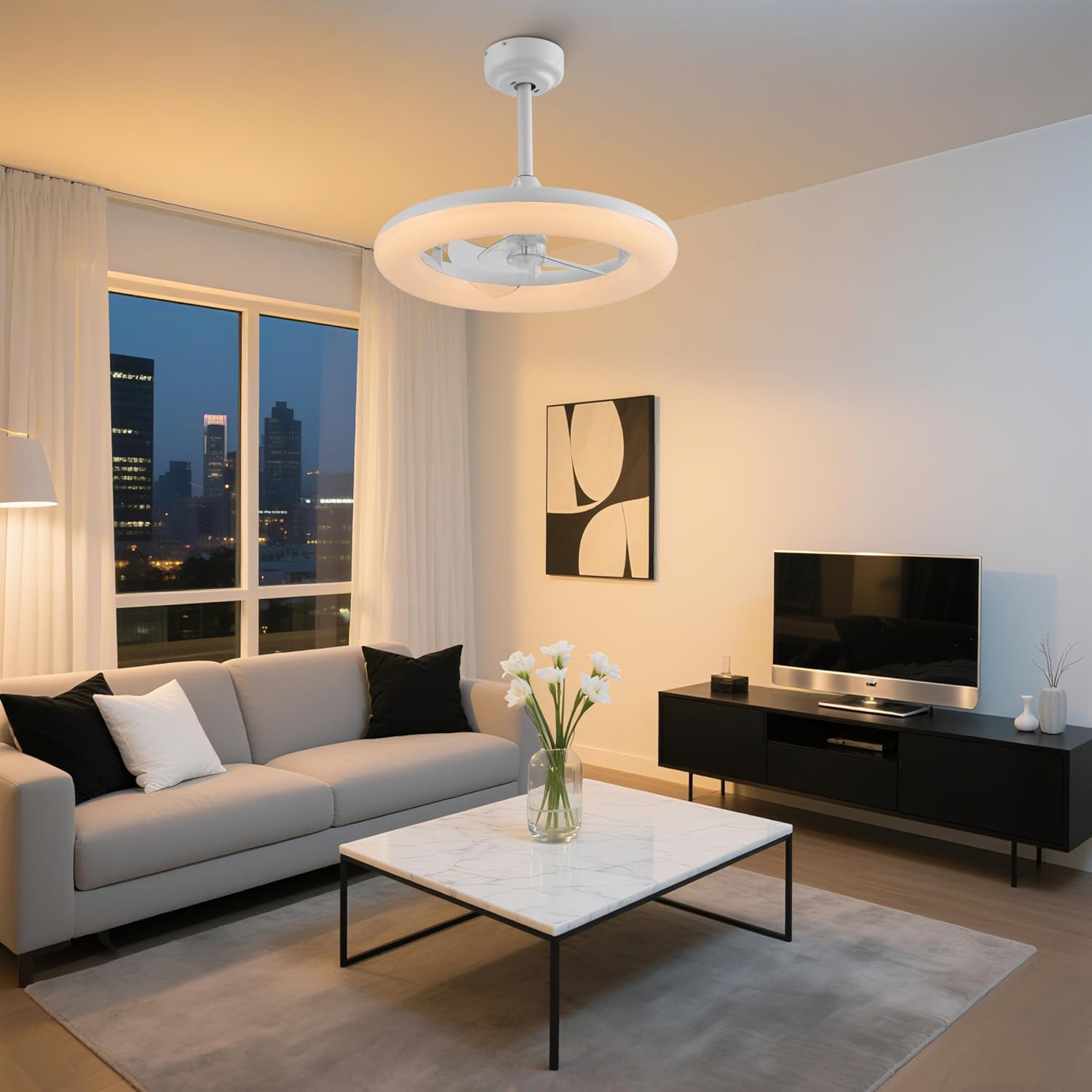 OVAL AIR AIR8001C Piero 21.5' Contemporary Minimalist 6-Speed Metal Mobile-App/Remote-Controlled Dimmable Smart Integrated LED Ceiling Fan Bedroom, Living Room, Dining Room, Frost White