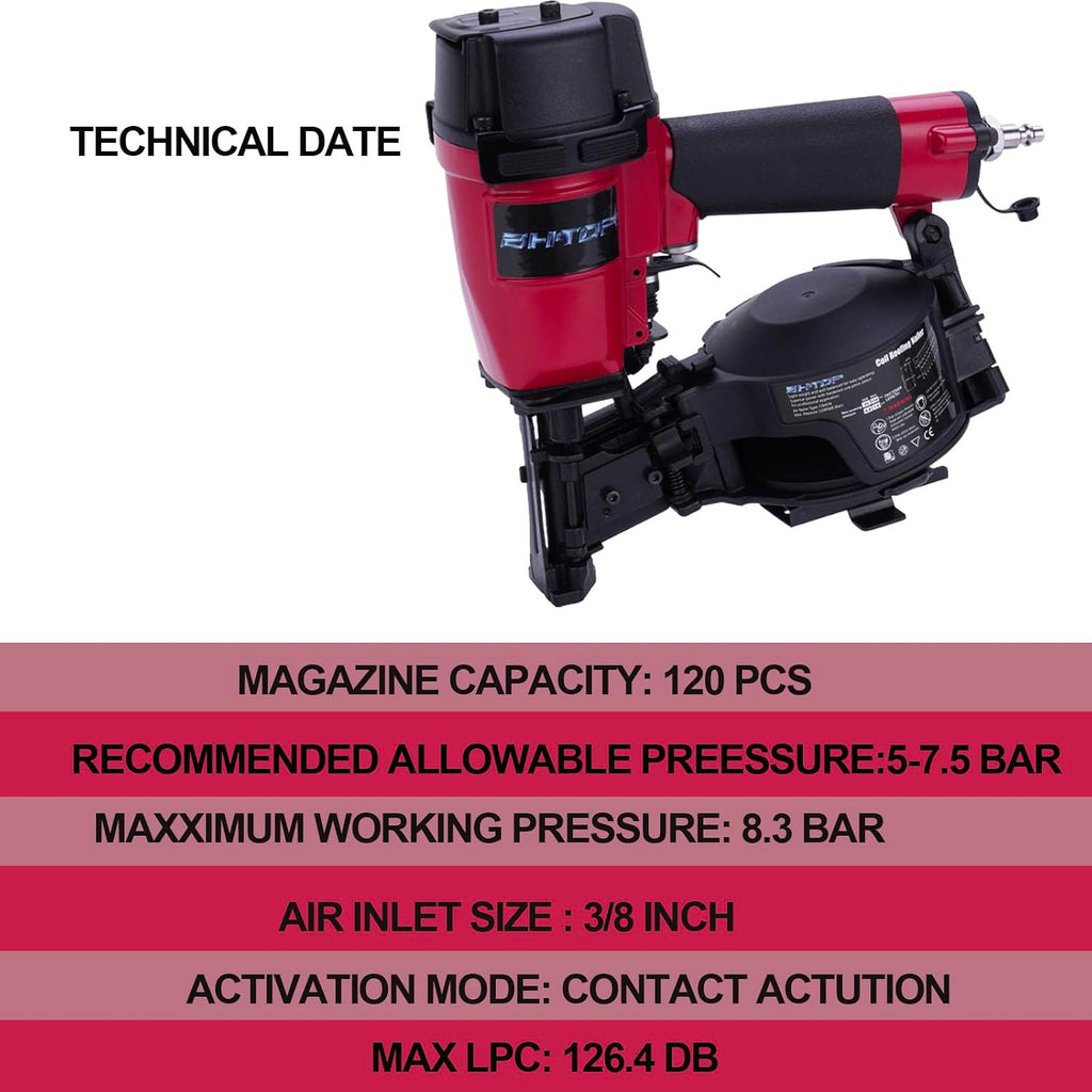 Mexican Red CN45N Roofing Nailer, 15 Degree Roofing Nail Gun, 3/4-Inch to 1-3/4-Inch Coil Nails, 120-pcs Load Capacity Coil Nailer