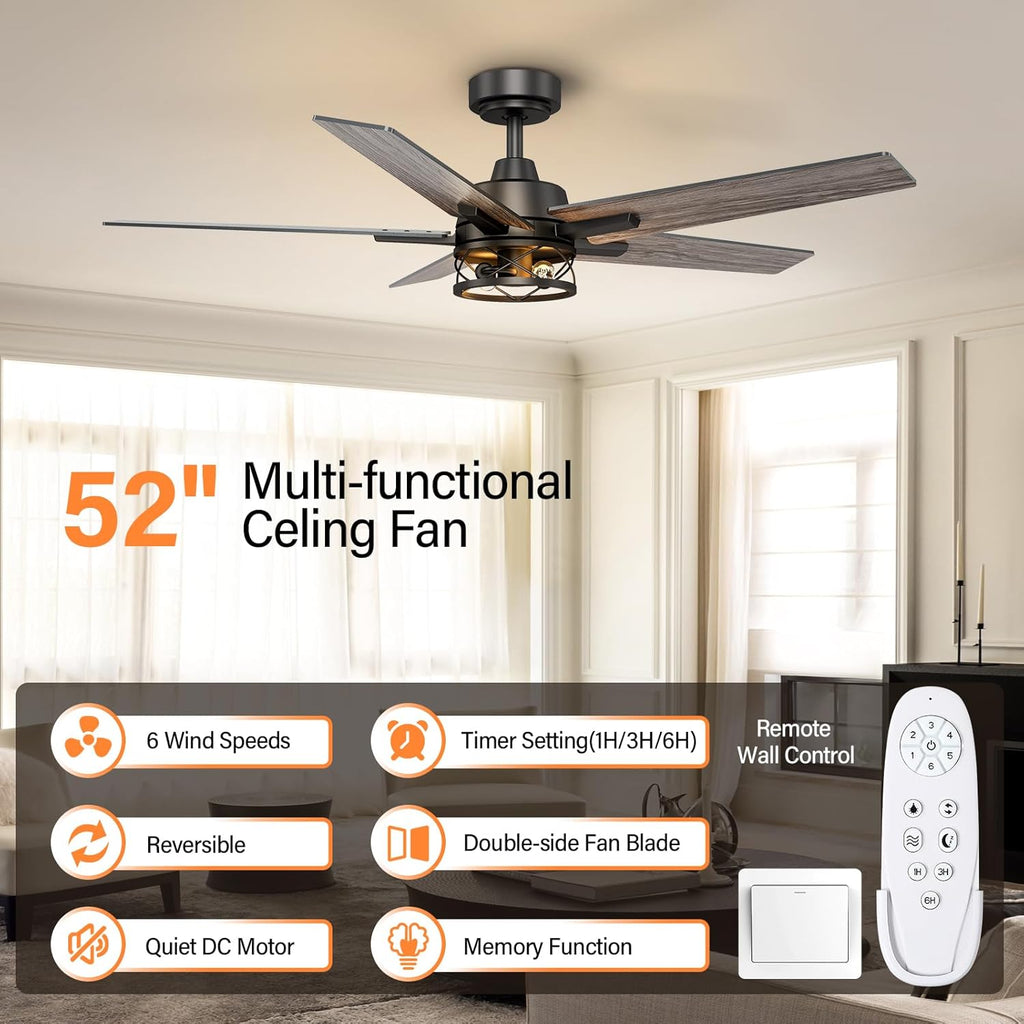 52 Inch Black Caged Ceiling Fans with Lights and Remote, Reversible, 3CCT, Dimmable, Noiseless, Double-Sided 5 Blades Ceiling Fan for Bedroom, Farmhouse, Living Room, No Light Bulbs Included