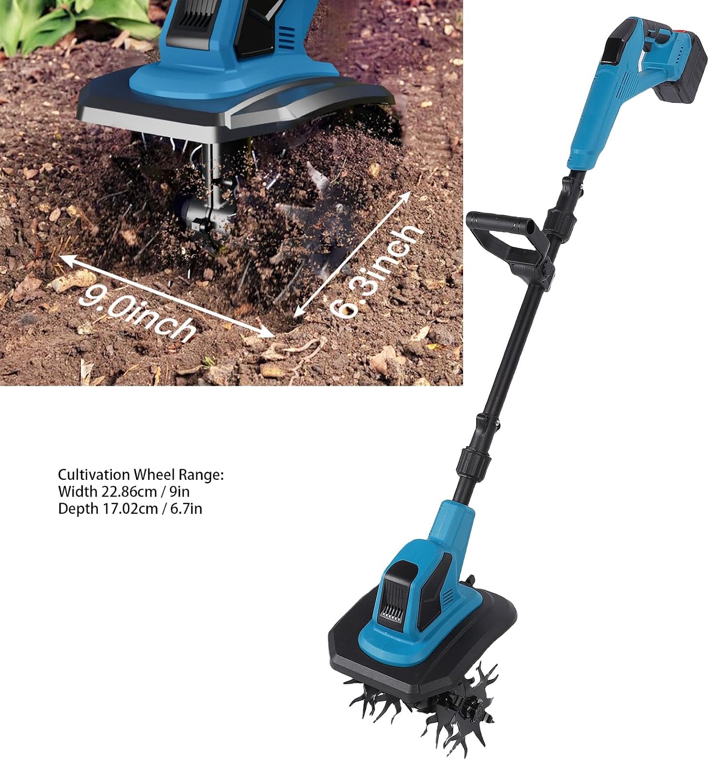 Walfront Cordless Tiller Cultivator 360RPM with Double 6Ah Batteries, Lightweight Garden Tiller for Soil Preparation with Easy Transport, Suitable for Tight Spaces in Gardens and Outdoor (US Plug)