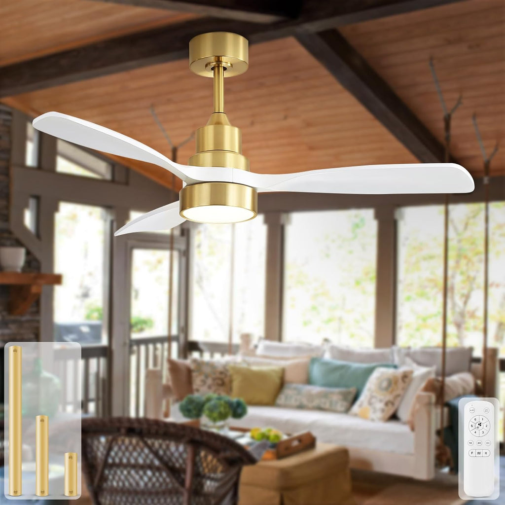 Sofucor 48 Inch Smart Ceiling Fan with Lights and Remote/APP Control, Compatible with Alexa/Google, 3 Blade White Glod Solid Wood Low Profile Ceiling Fan for Indoor Outdoor Bedroom Farmhouse Patio
