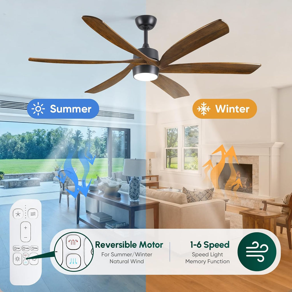 60 Inch Outdoor Ceiling Fan with Light and Remote, Damp Rated for Patio Porch, 6 Brown Solid Wood Blades, High CFM Quiet DC Motor, Modern Farmhouse Style for Indoor Living Room Bedroom Exterior Garage