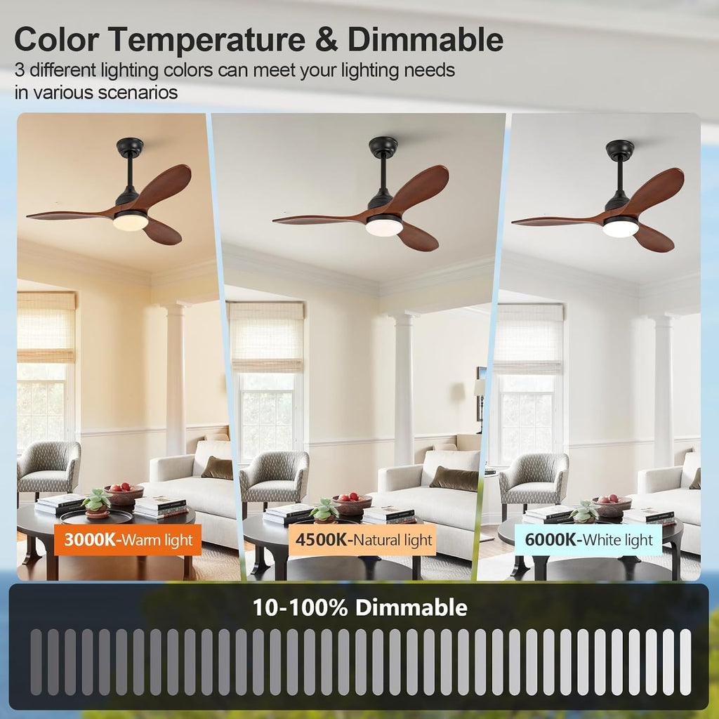 OKDNEG 42 Inch Ceiling Fans with Lights and Remote, 3 Wood Fan Blades Ceiling Fan,3CCT Dimmable,Timer,Quiet DC Motor,6 Speed,Indoor Outdoor Ceiling Fan for Offices Farmhouse Gazebo Patio