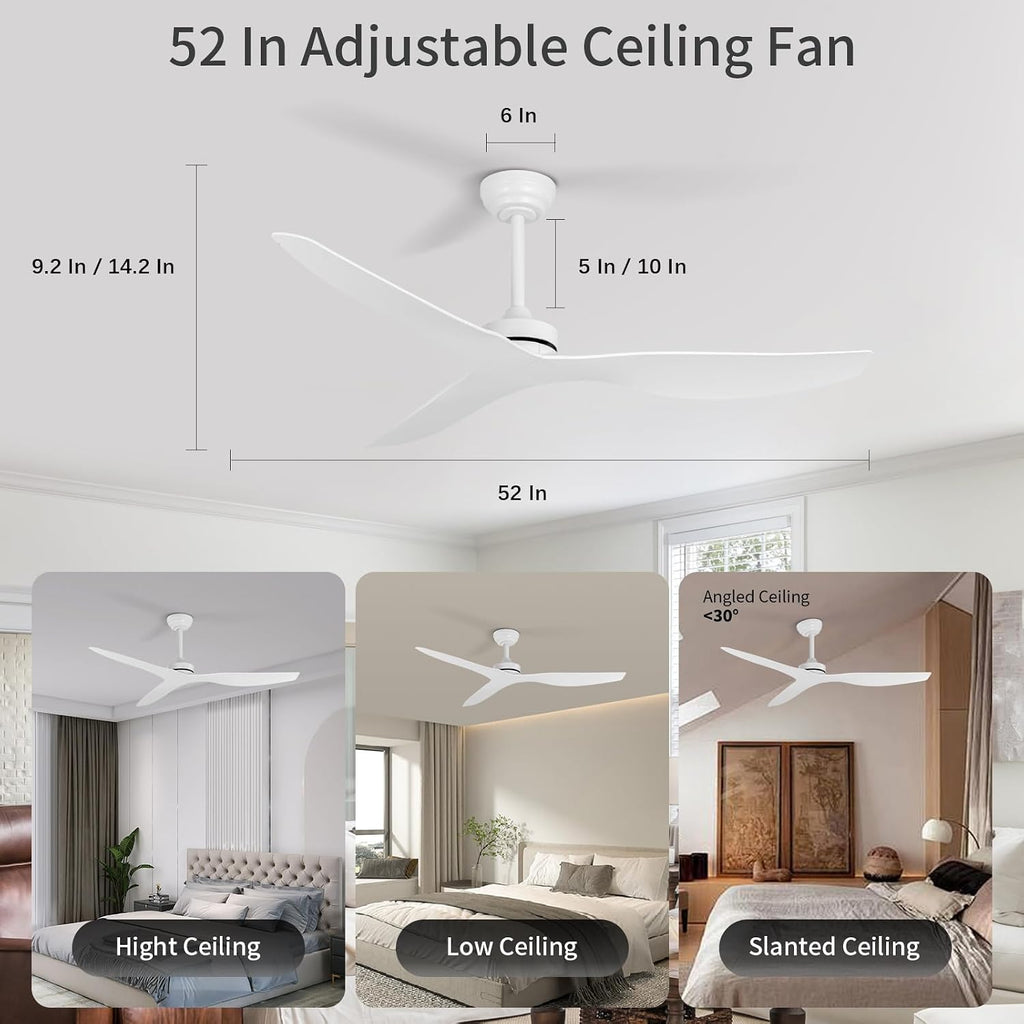 Ceiling Fans without Light,52 Inch Ceiling Fan with Remote Control,3 Reversible Blade,White Ceiling Fan for Bedroom, Living Room,Hallway