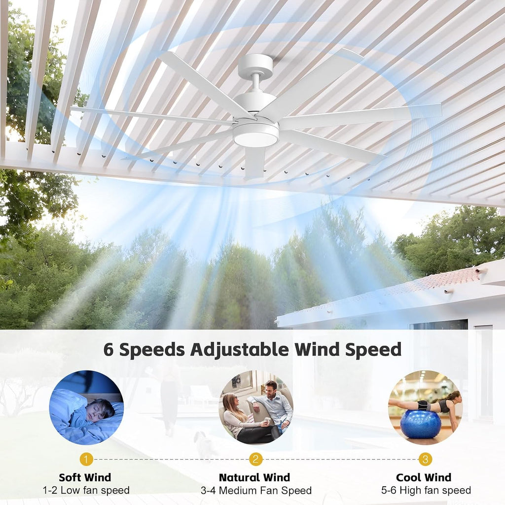 56 Inch Wet-Rated White Outdoor Ceiling Fan with Light, Modern 7 Waterproof Blades All-Weather Design, High CFM Quiet DC Motor, for Exterior Porch, Pergola & Gazebo