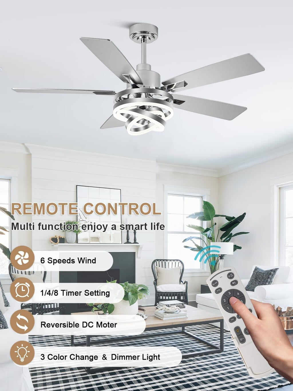 52 Inch Fandelier Ceiling Fan with Lights and Remote Modern Ceiling Fans Silver Chandelier LED Light Quiet Reversible DC Motor Dimmable 3CCT 6 Wind Speeds for Indoor Outdoor Living Room