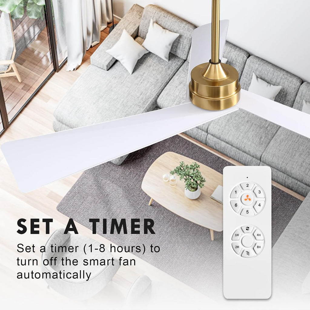 WINGBO 52' DC Ceiling Fan without Lights, Brass and White Ceiling Fan with Remote, 3 ABS Plastic Blades, 6 Speed Reversible DC Motor, Ceiling Fans No Light for Kitchen Bedroom Living Room